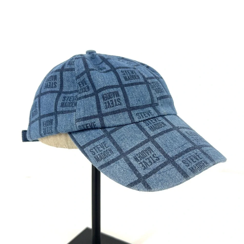 Steve‎ Madden Dark Denim Baseball Hat Womens Multi-Logo Strapback Hat Blue NWT